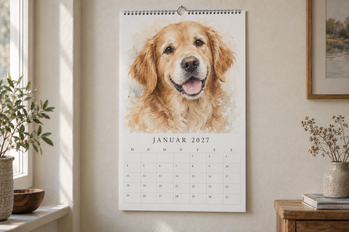 Wandkalender mit Hundeportrait über einem Schreibtisch