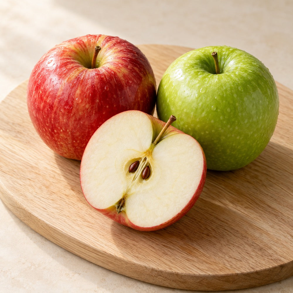 Äpfel auf einem hellen Holzbrett