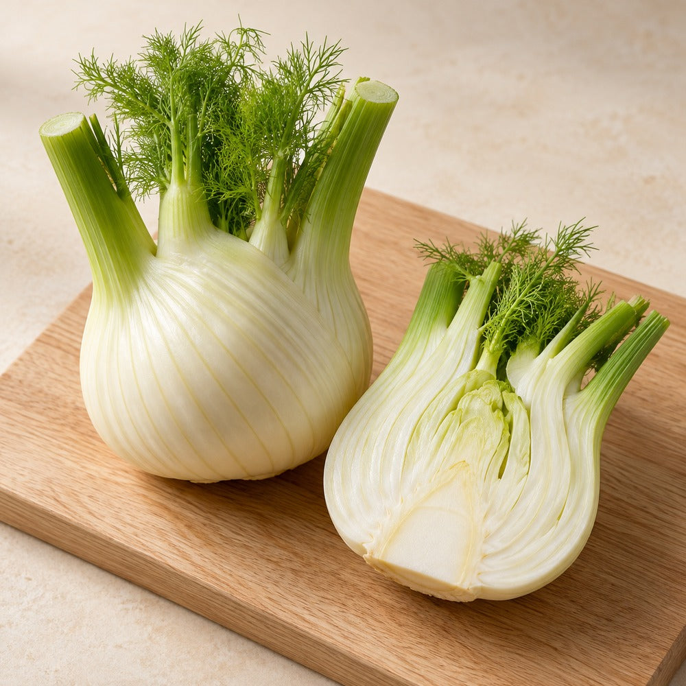 Fenchel auf einem hellen Holzbrett