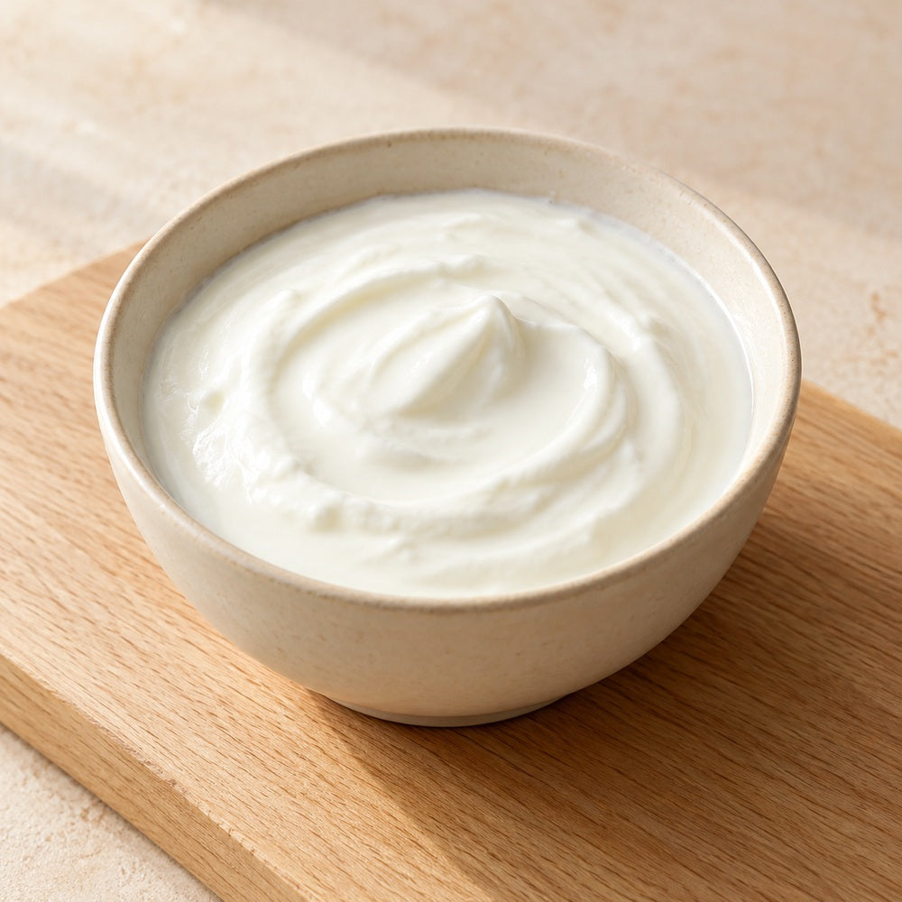 Joghurt auf einem hellen Holzbrett