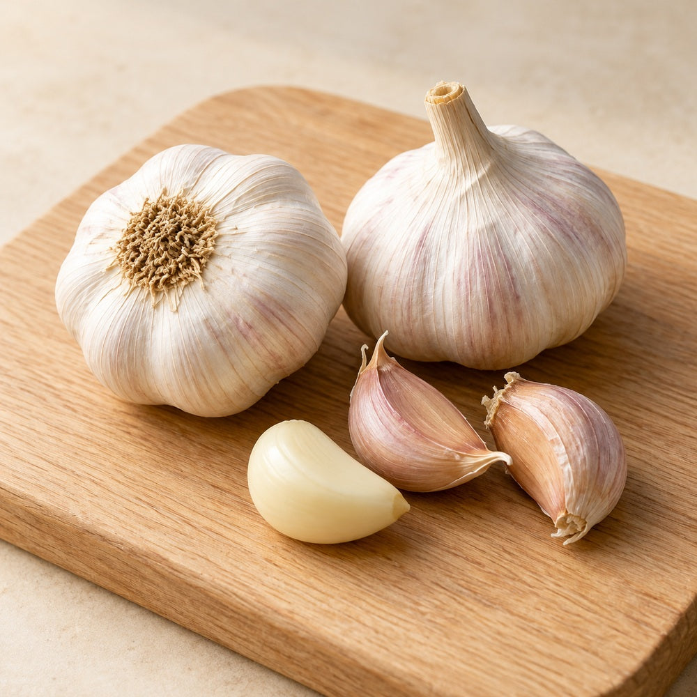 Knoblauch auf einem hellen Holzbrett