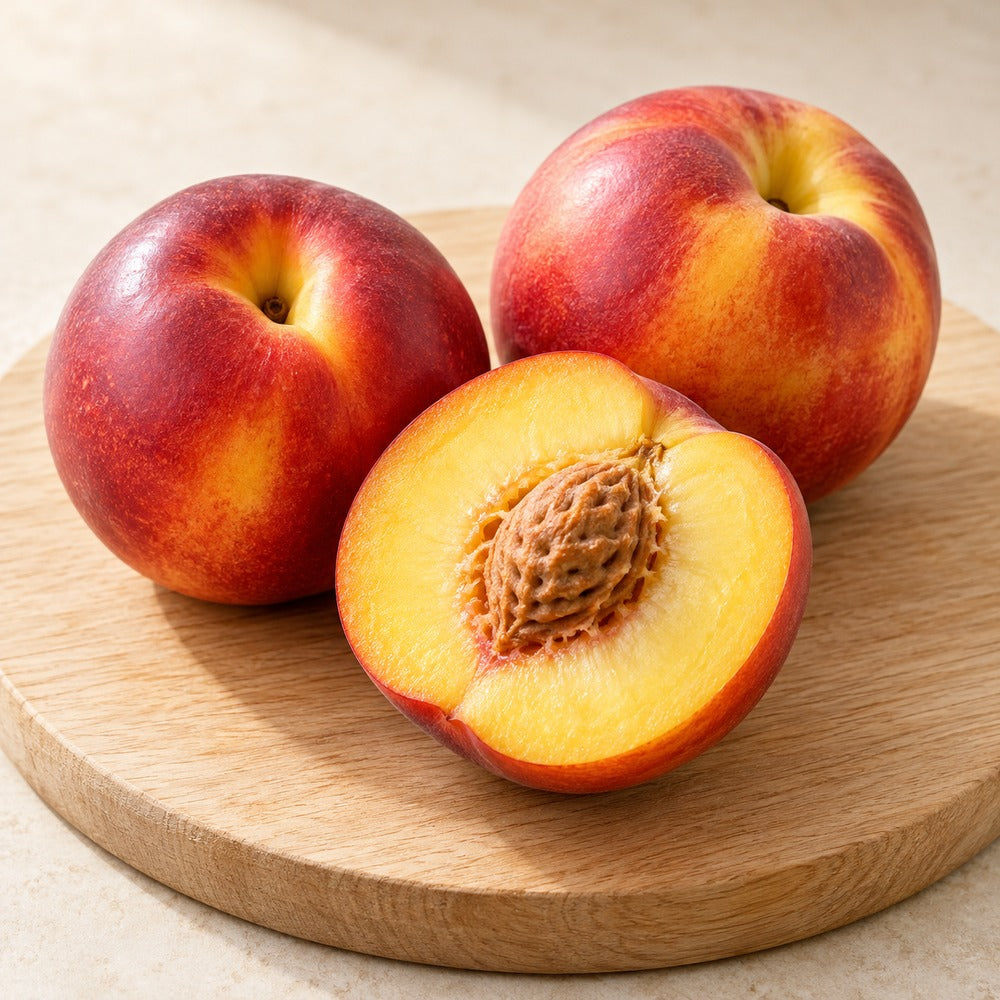 Nektarinen auf einem hellen Holzbrett