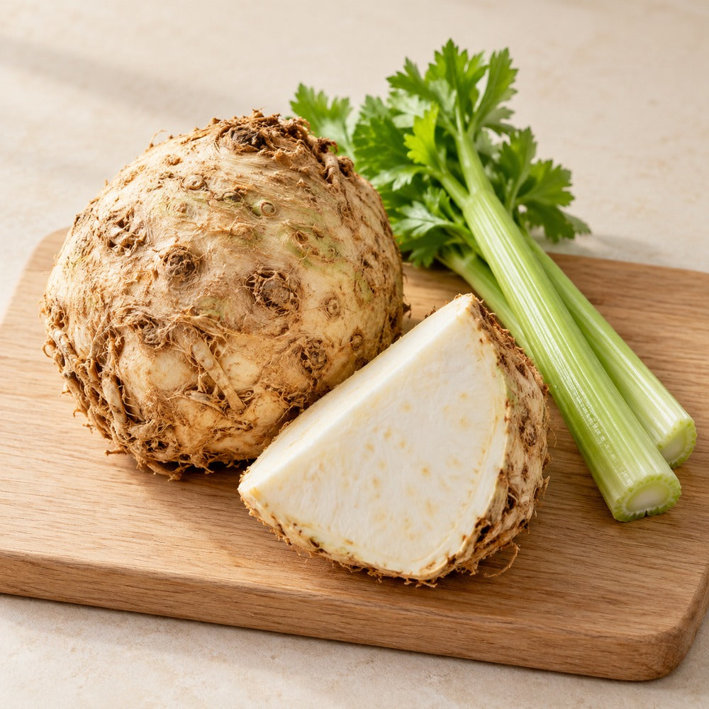 Sellerie auf einem hellen Holzbrett