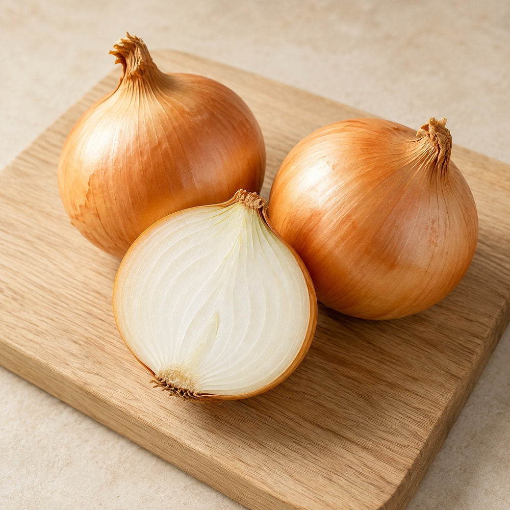 Zwiebeln auf einem hellen Holzbrett