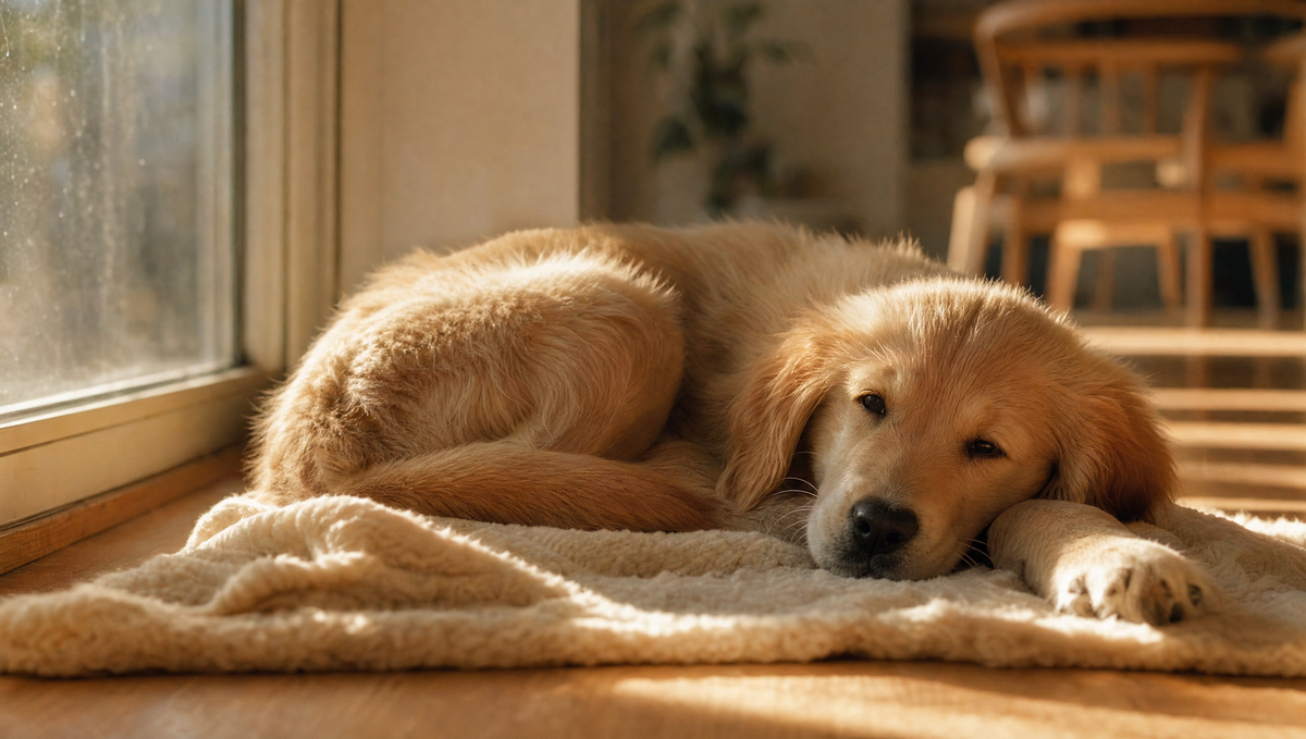 Chiot golden retriever endormi sur une couverture en laine dans la lumière du soir
