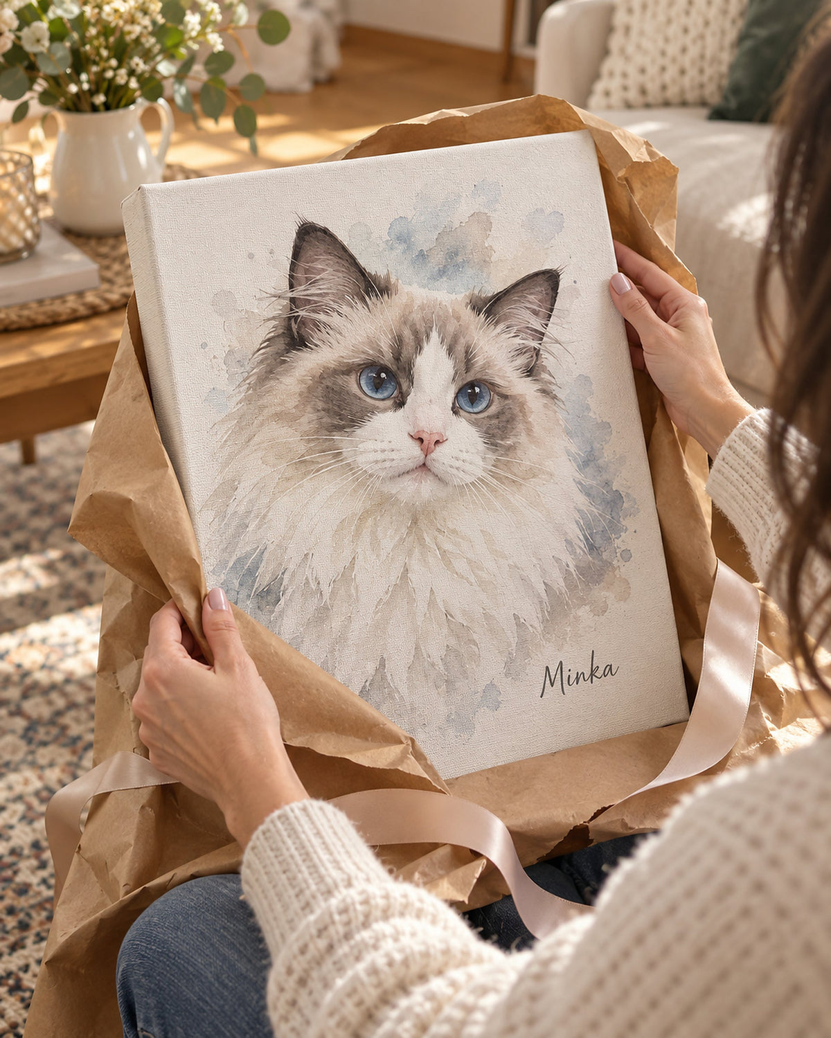 Katzenportrait auf Leinwand wird als Geschenk ausgepackt