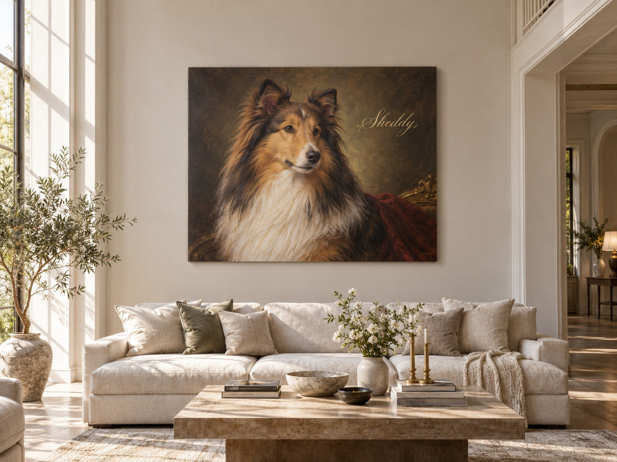 Shetland Sheepdog als Portrait im Ölgemälde-Stil über einem hellen Sofa