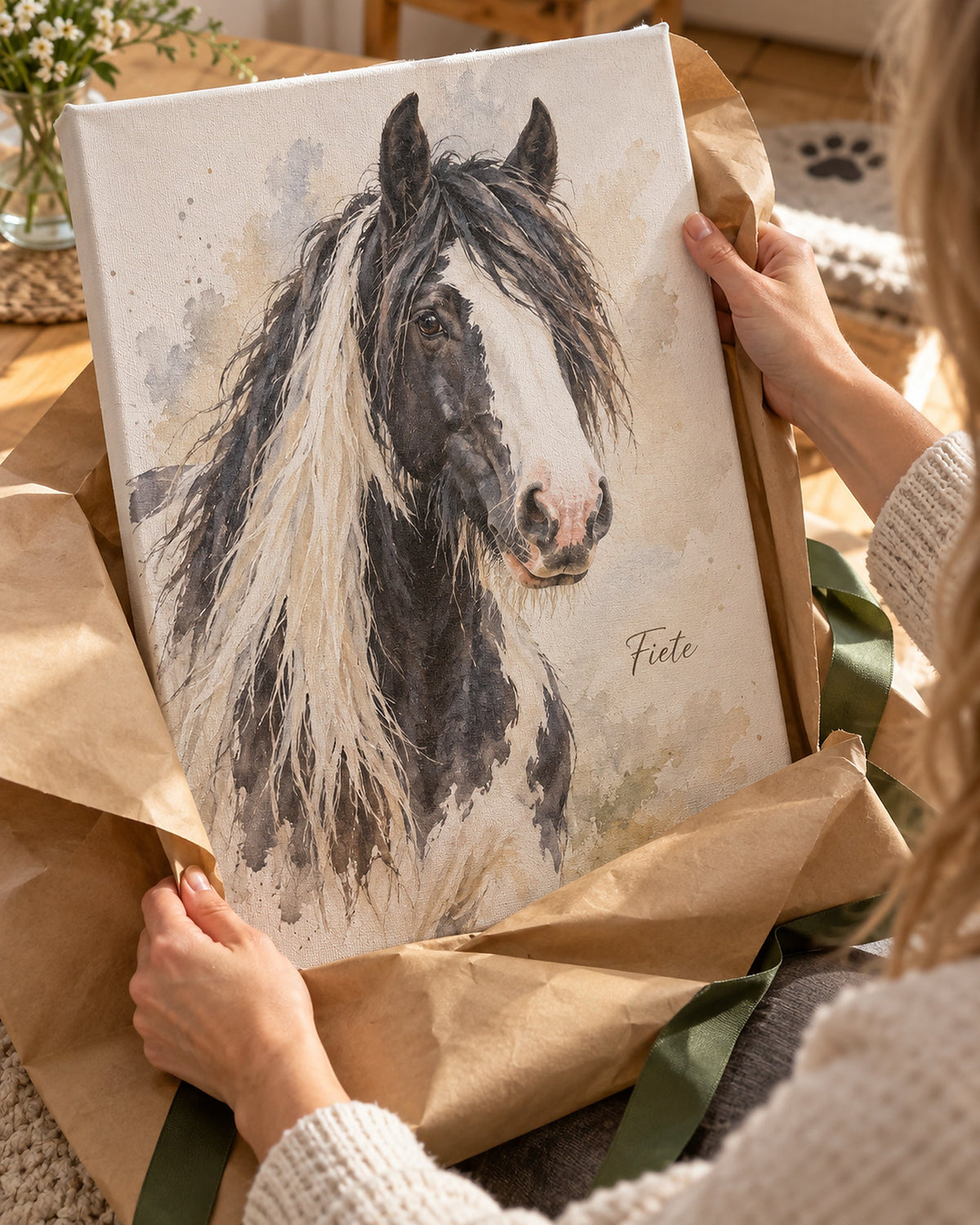 Portrait de cheval sur toile déballé comme cadeau