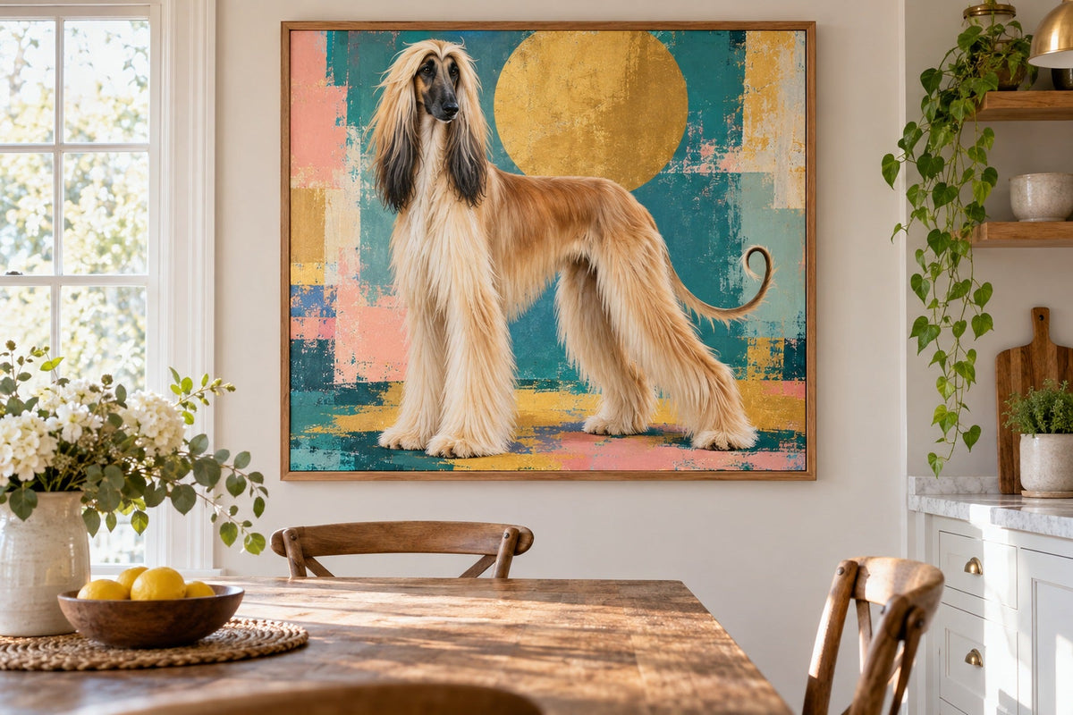 Afghanischer Windhund als Wandbild im Stil Pop-Art, Raum: helle Landhausküche