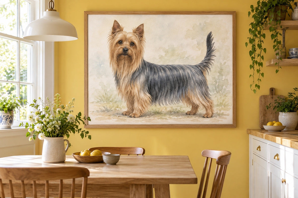 Australian Silky Terrier als Wandbild im Stil Aquarell, Raum: gelbe Wohnküche