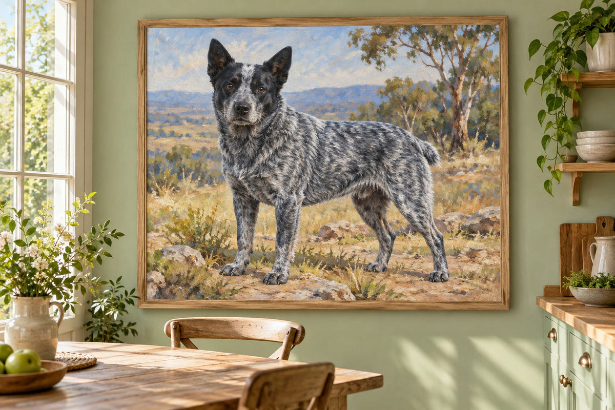 Australian Stumpy Tail Cattle Dog als Wandbild im Stil Ölgemälde, Raum: hellgrüne Küche