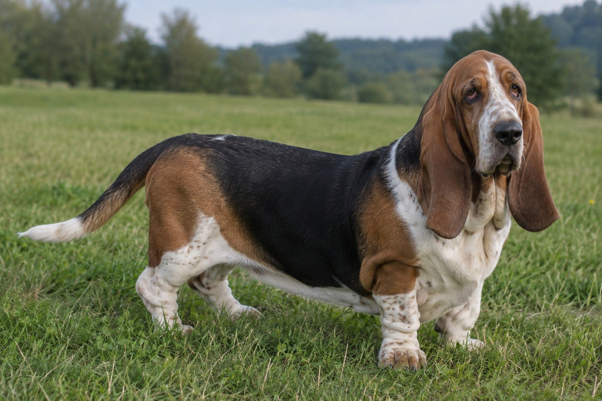 Basset Hound, dreifarbig, auf einer Wiese