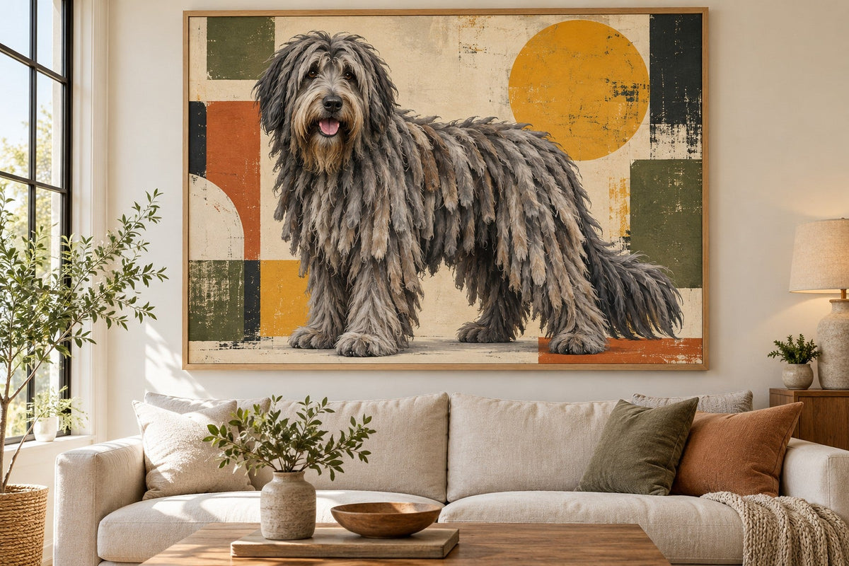 Bergamasker Hirtenhund als Wandbild im Stil Pop-Art, Raum: cremefarbenes Wohnzimmer