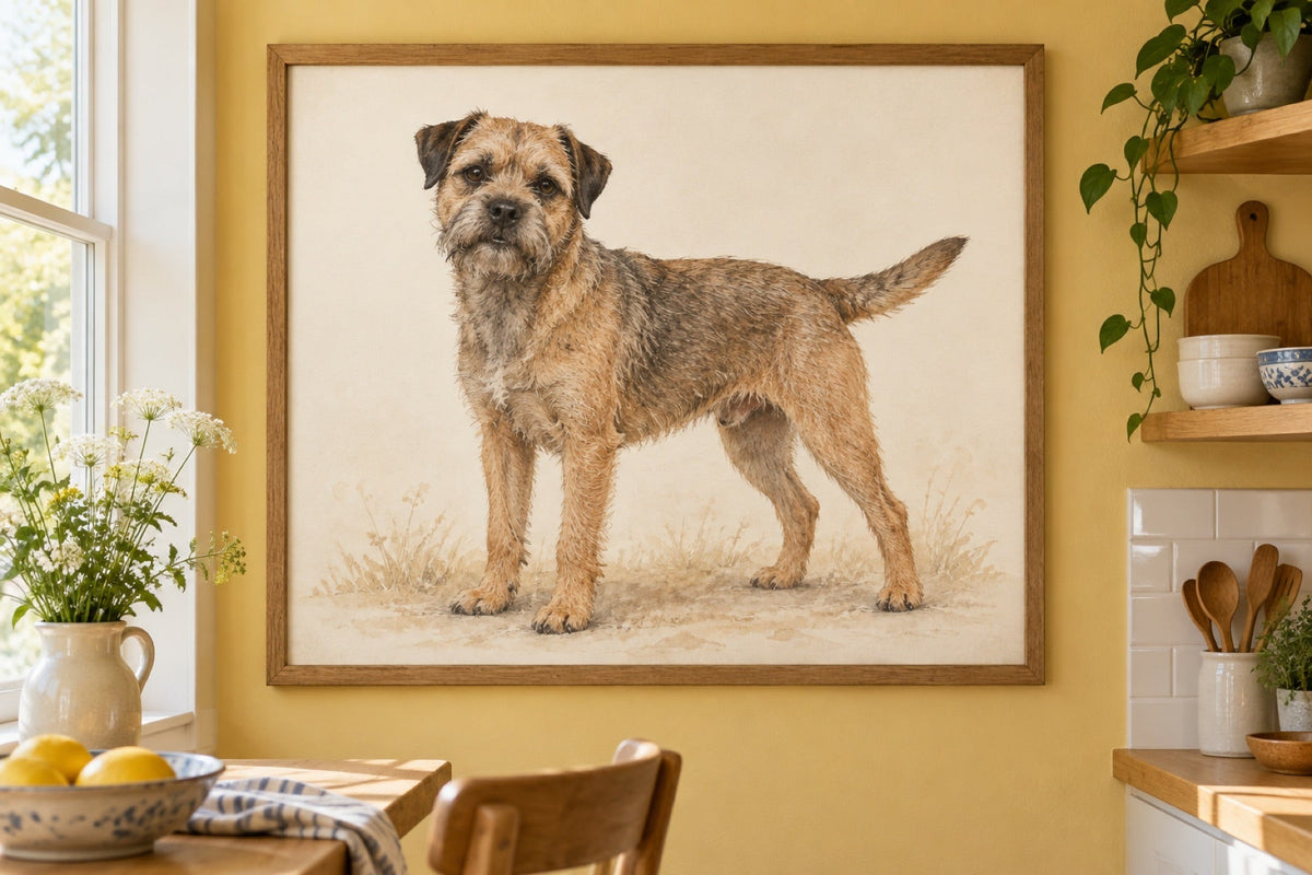 Border Terrier als Wandbild im Stil Minimal, feine Farbzeichnung, Raum: gelbe Wohnküche