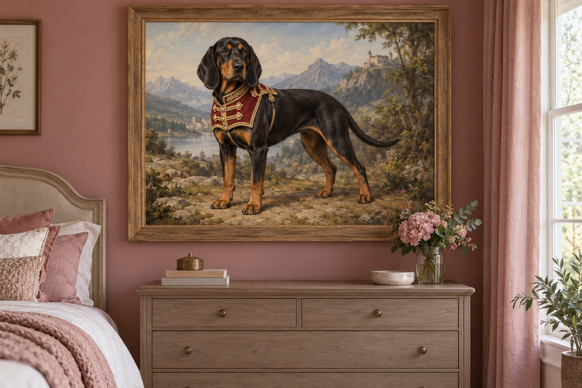 Brandlbracke (Vieräugl) als Wandbild im Stil Royal mit kurzer Uniform, Raum: altrosafarbenes Schlafzimmer