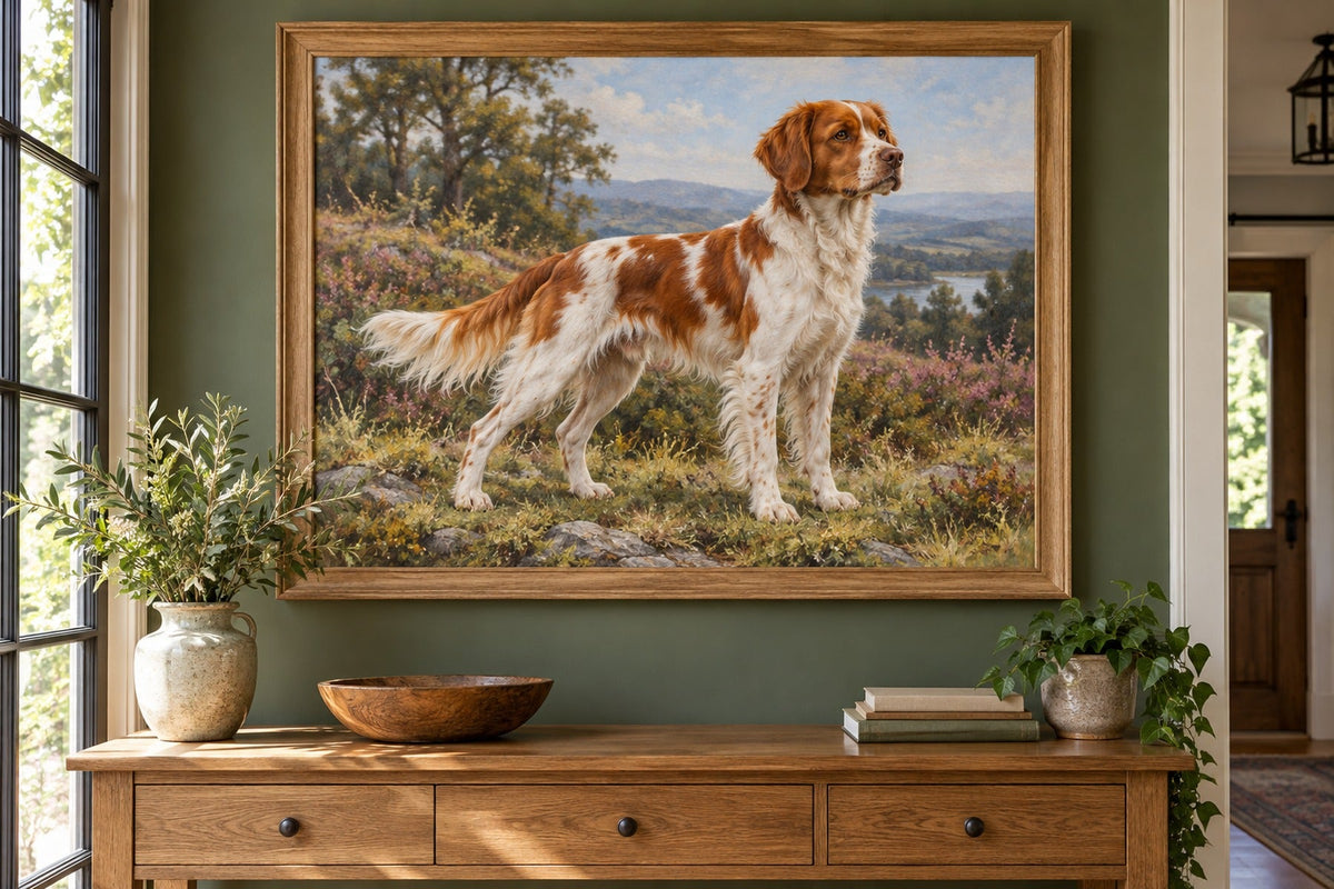 Bretonischer Spaniel als Wandbild im Stil Ölgemälde, Raum: grüner Flur