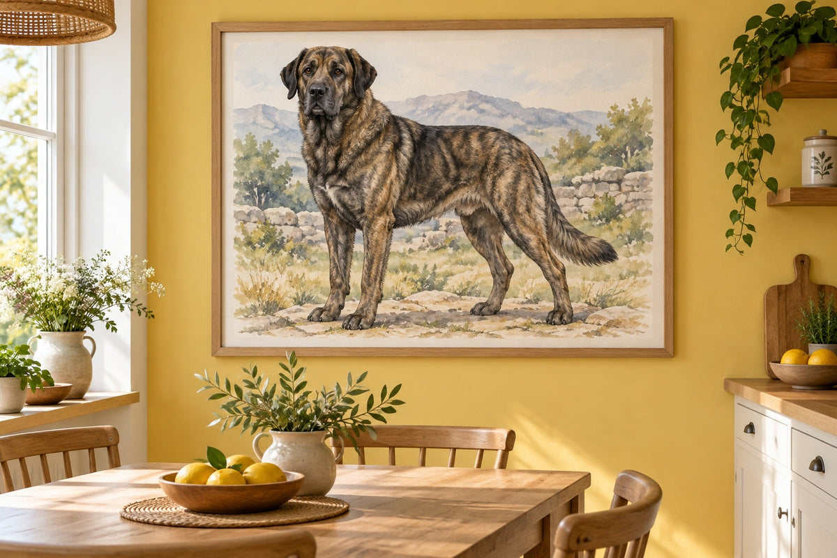 Castro-Laboreiro-Hund als Wandbild im Stil Aquarell, Raum: gelbe Wohnküche