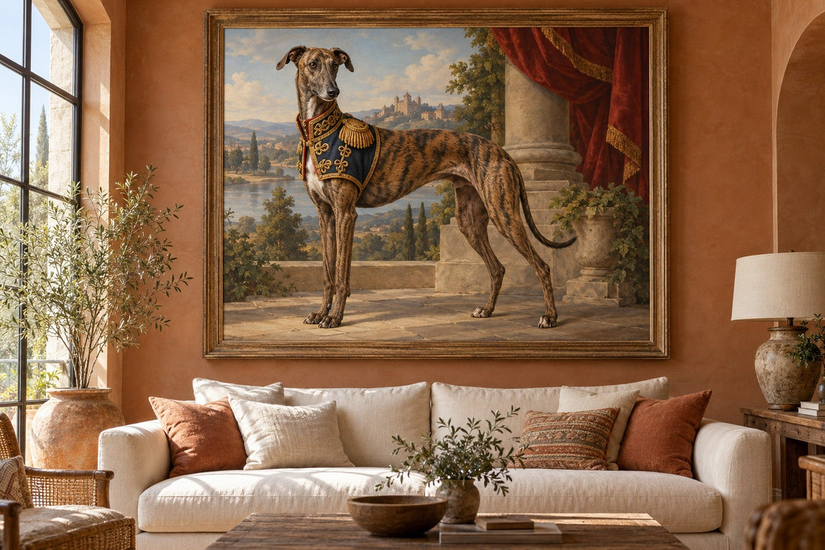 Chart Polski (Polnischer Windhund) als Wandbild im Stil Royal mit kurzer Uniform, Raum: terrakottafarbenes Wohnzimmer