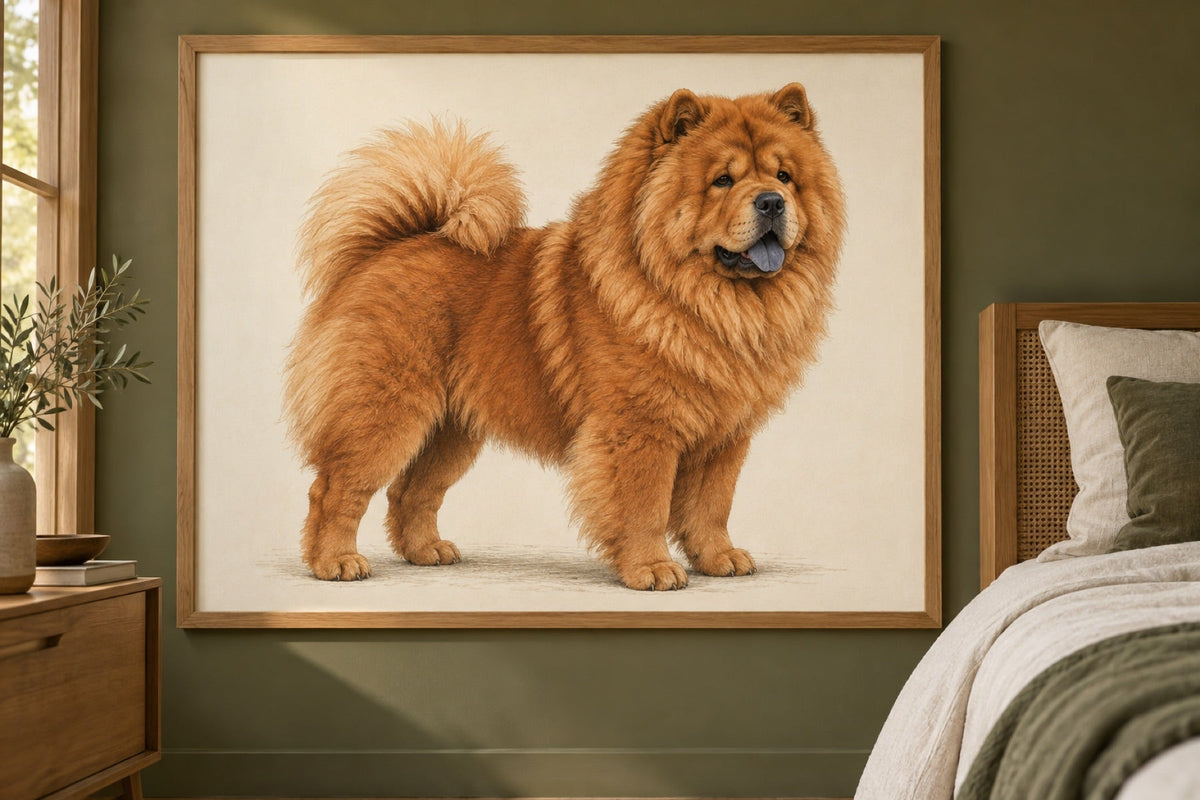 Chow Chow als Wandbild im Stil Minimal, feine Farbzeichnung, Raum: olivfarbenes Schlafzimmer