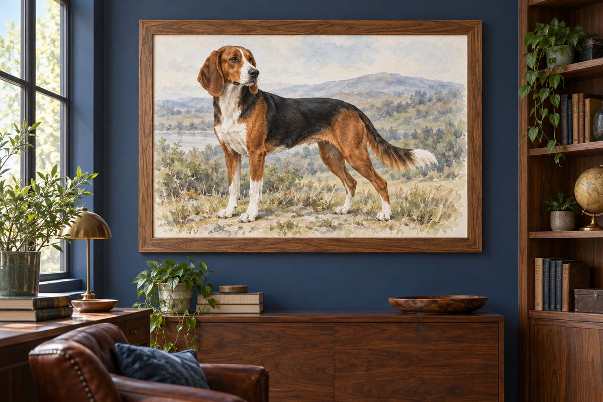Deutsche Bracke als Wandbild im Stil Aquarell, Raum: blaues Arbeitszimmer