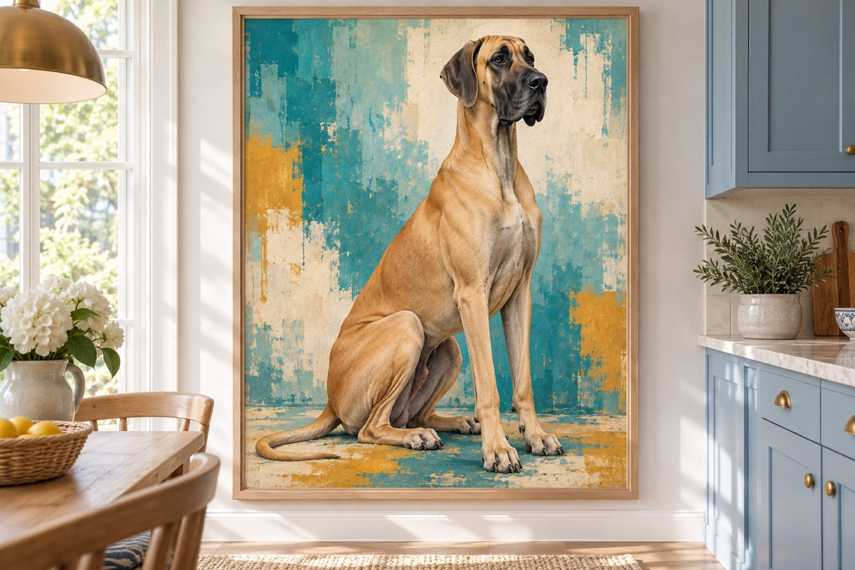 Deutsche Dogge als Wandbild im Stil Pop-Art, Raum: blaue Wohnküche