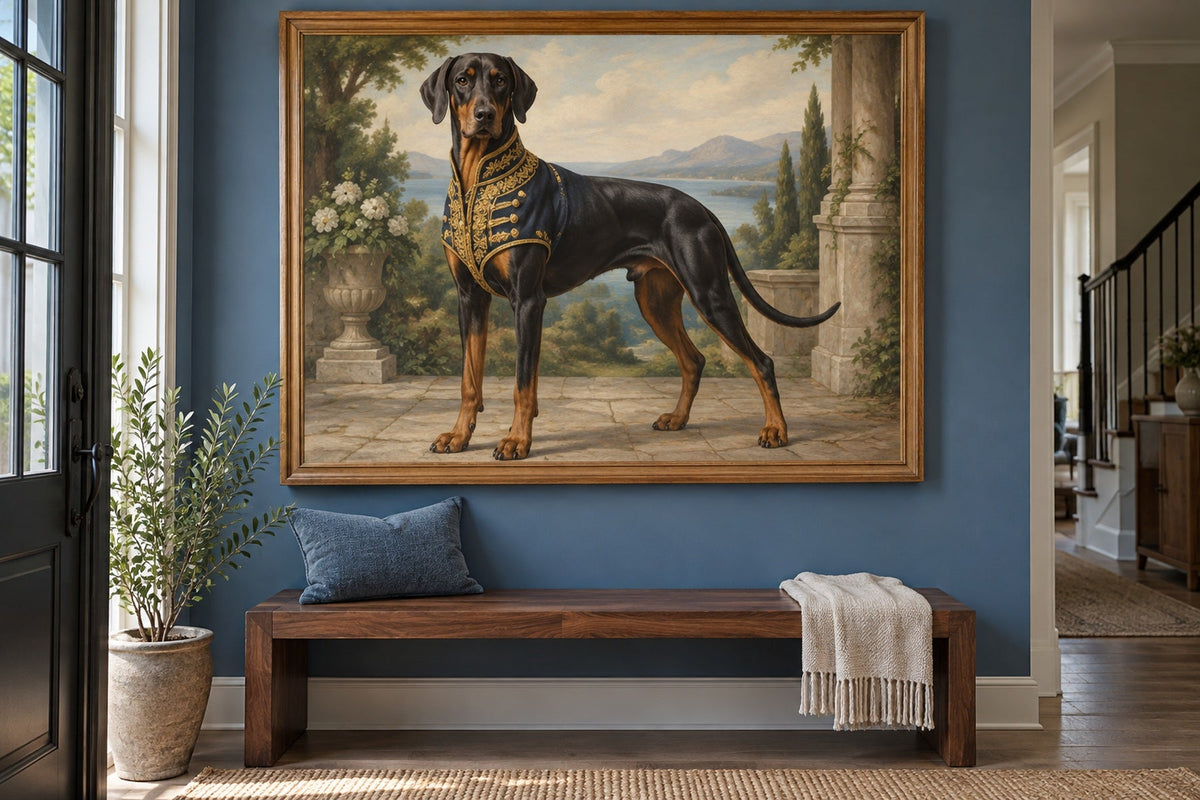 Dobermann als Wandbild im Stil Royal mit kurzer Uniform, Raum: blauer Flur