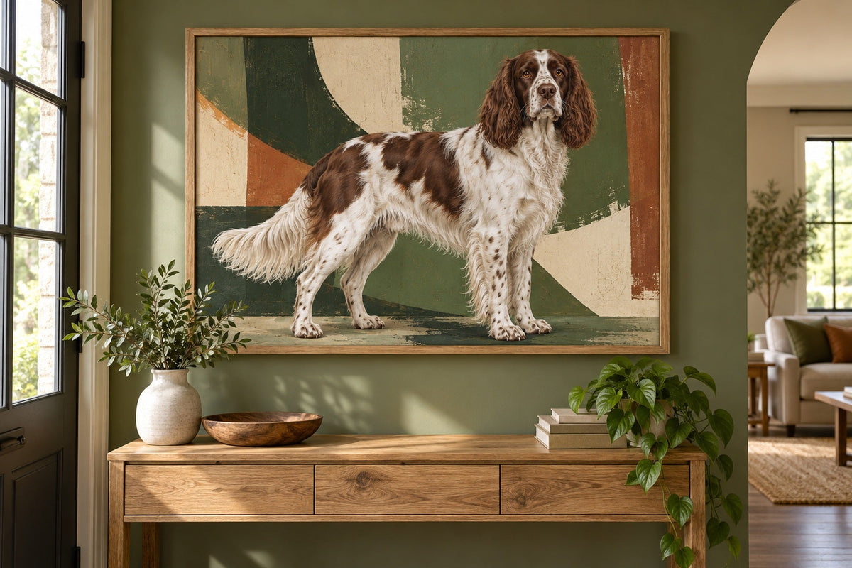Französischer Spaniel (Épagneul Français) als Wandbild im Stil Pop-Art, Raum: grüner Flur