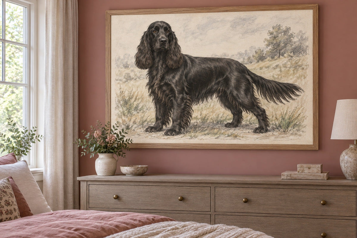 Field Spaniel als Wandbild im Stil Kohle-Sketch, Raum: altrosafarbenes Schlafzimmer