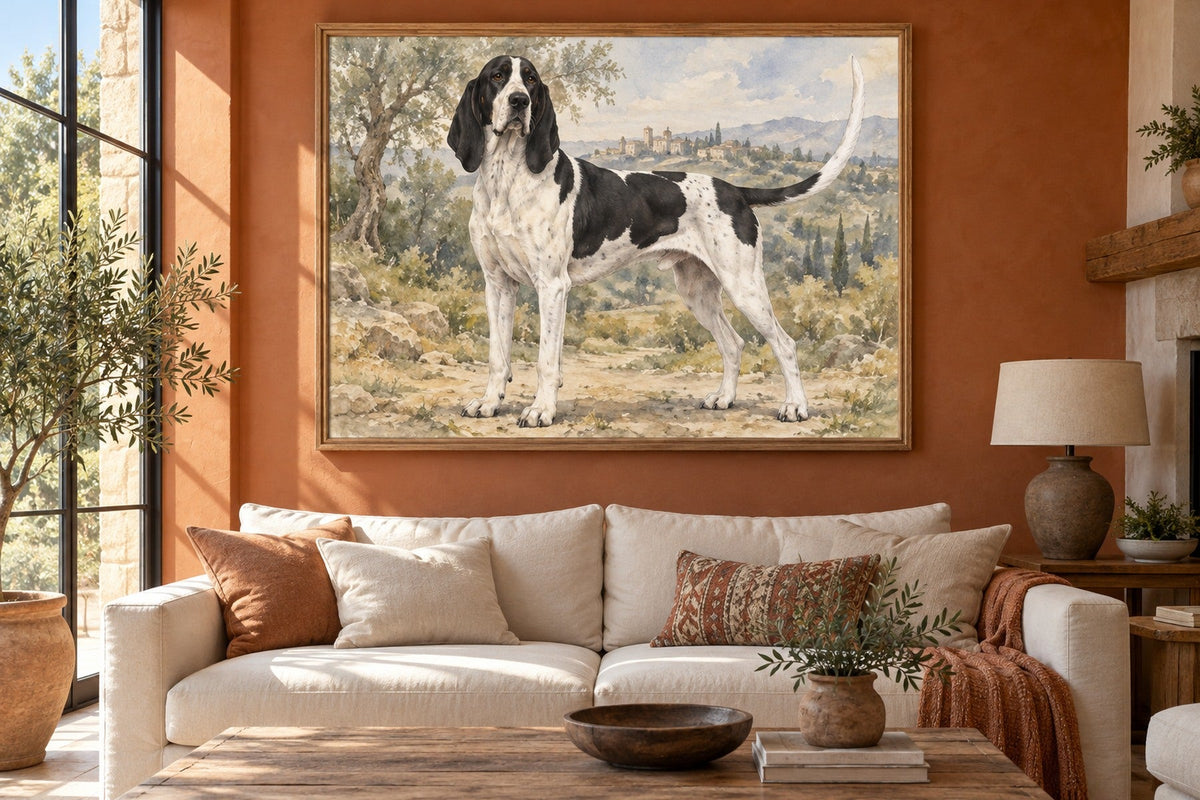 Français Blanc et Noir (Französischer weiß-schwarzer Laufhund) als Wandbild im Stil Aquarell, Raum: terrakottafarbenes Wohnzimmer