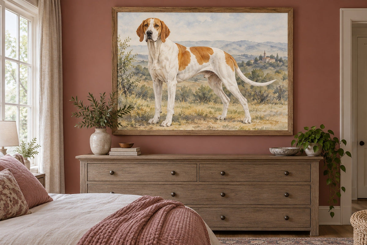 Grand Anglo-Français Blanc et Orange als Wandbild im Stil Aquarell, Raum: altrosafarbenes Schlafzimmer