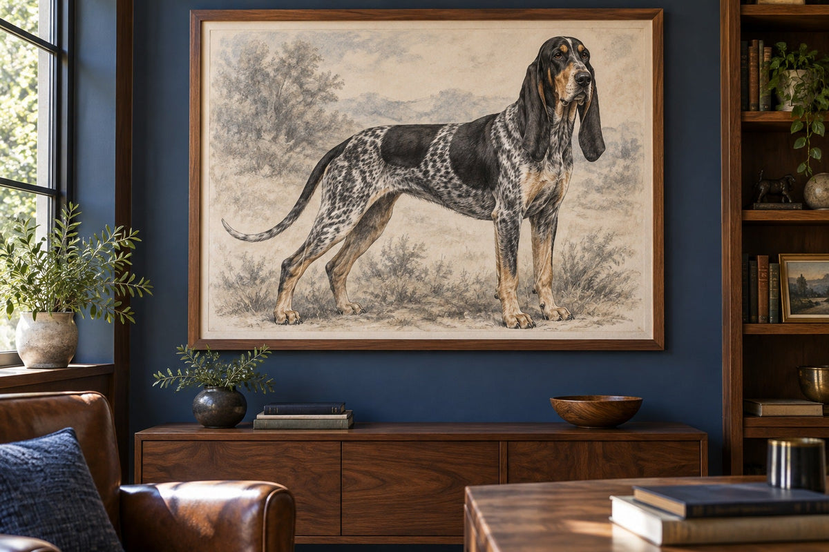 Grand Bleu de Gascogne als Wandbild im Stil Kohle-Sketch, Raum: blaues Arbeitszimmer