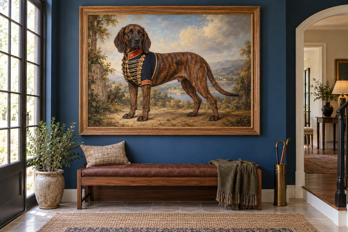 Hannoverscher Schweißhund als Wandbild im Stil Royal mit kurzer Uniform, Raum: blauer Flur