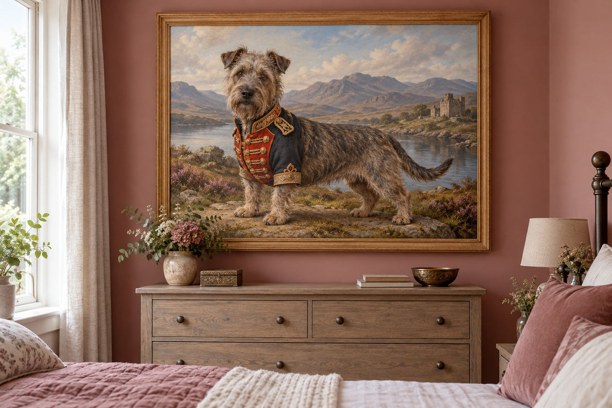 Irish Glen of Imaal Terrier als Wandbild im Stil Royal mit kurzer Uniform, Raum: altrosafarbenes Schlafzimmer