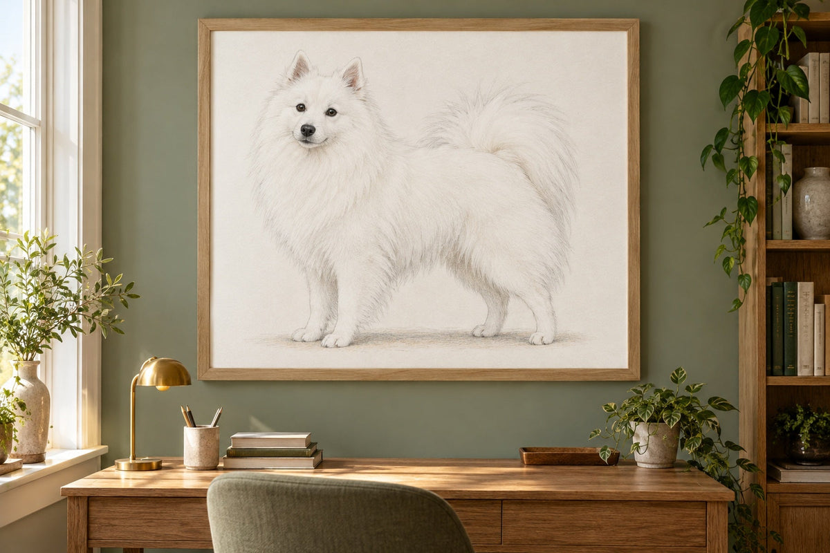 Japan-Spitz als Wandbild im Stil Minimal, feine Farbzeichnung, Raum: salbeifarbenes Arbeitszimmer