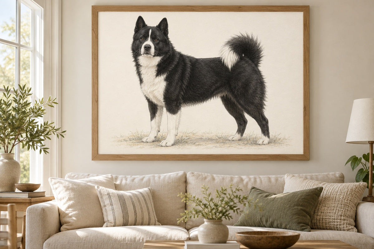 Karelischer Bärenhund als Wandbild im Stil Minimal, feine Farbzeichnung, Raum: cremefarbenes Wohnzimmer