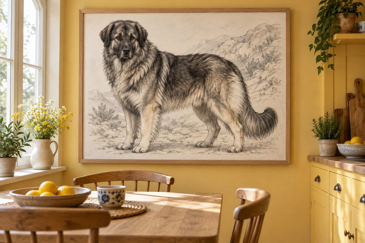Karst-Schäferhund als Wandbild im Stil Kohle-Sketch, Raum: gelbe Wohnküche