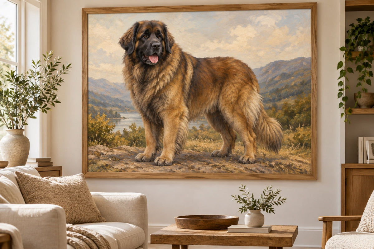 Leonberger als Wandbild im Stil Ölgemälde, Raum: eingerichtetes Wohnzimmer