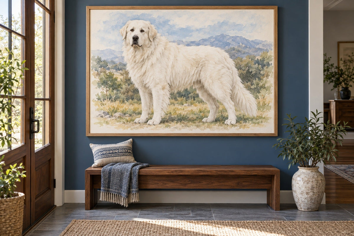 Maremmen-Abruzzen-Schäferhund als Wandbild im Stil Aquarell, Raum: blauer Flur