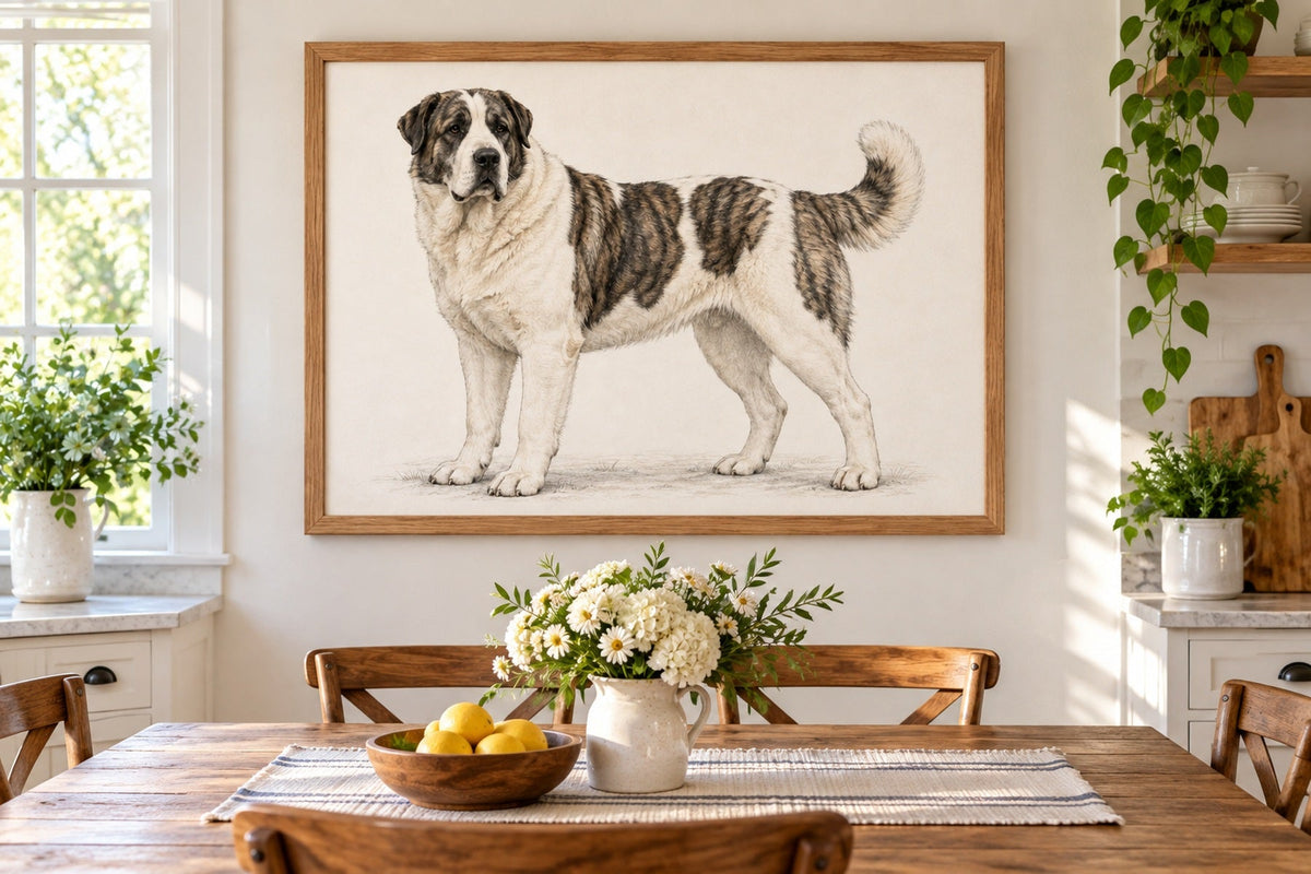Mittelasiatischer Schäferhund als Wandbild im Stil Minimal, feine Farbzeichnung, Raum: helle Landhausküche
