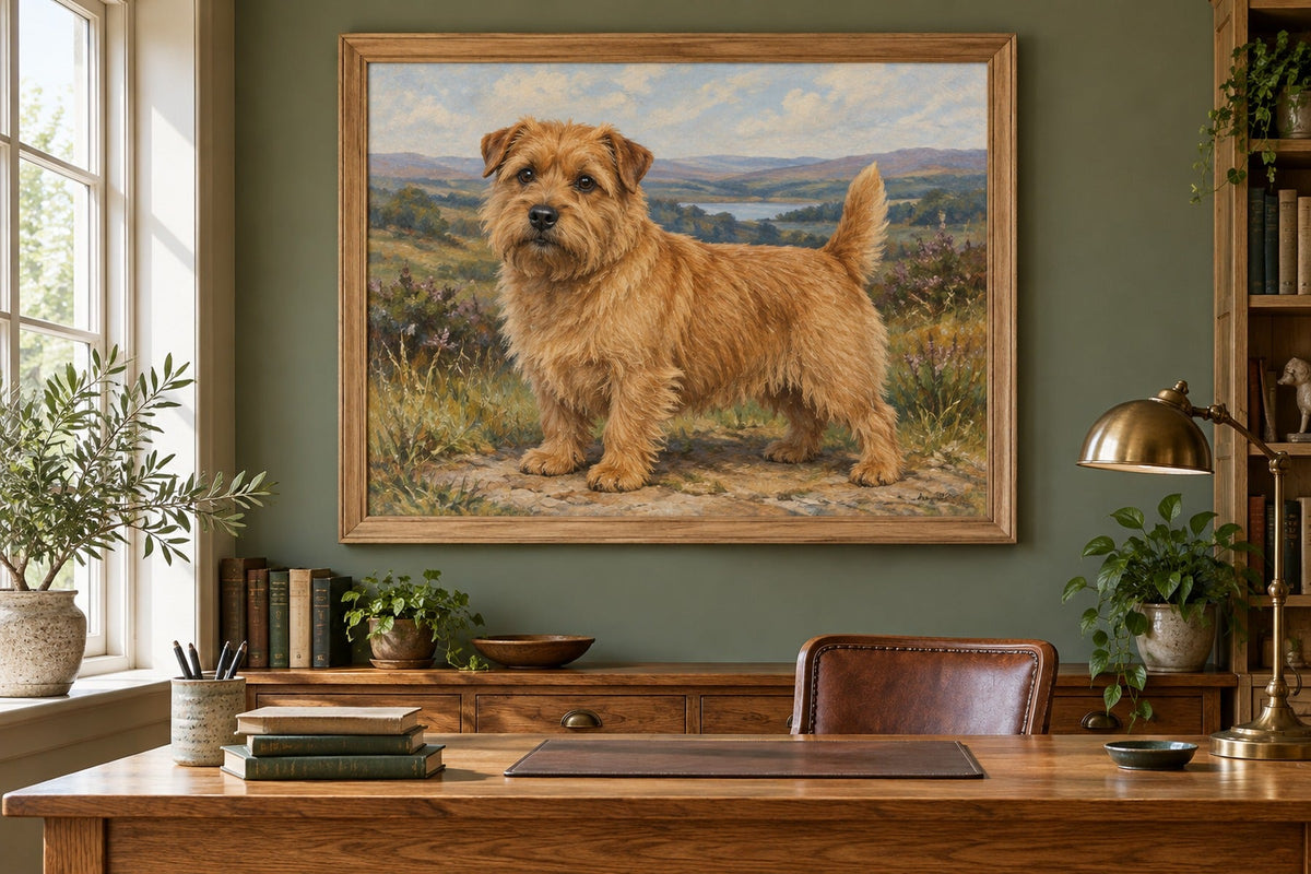 Norfolk Terrier als Wandbild im Stil Ölgemälde, Raum: salbeifarbenes Arbeitszimmer