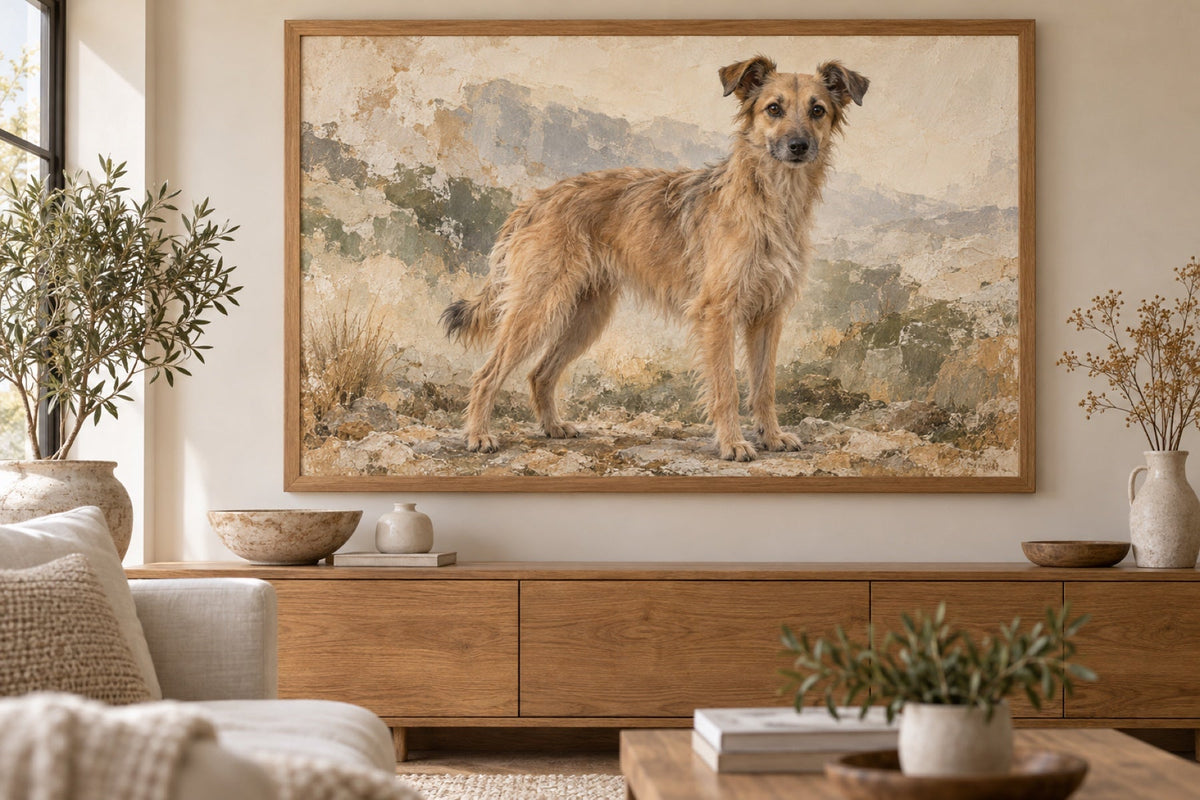 Pyrenäen-Hütehund mit kurzhaarigem Gesicht als Wandbild im Stil Ölgemälde, Raum: heller Wohnraum