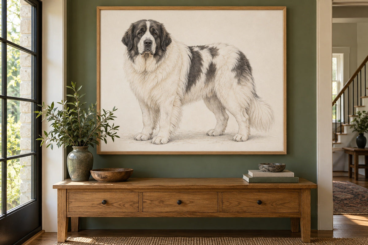 Pyrenäen-Mastiff als Wandbild im Stil Minimal, feine Farbzeichnung, Raum: grüner Flur