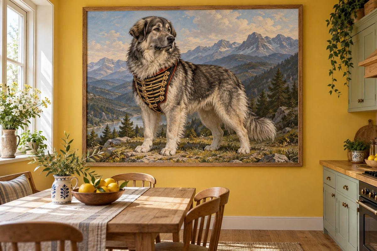 Rumänischer Karpaten-Schäferhund als Wandbild im Stil Royal mit kurzer Uniform, Raum: gelbe Wohnküche