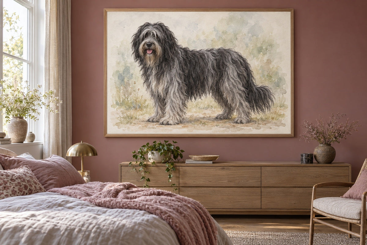 Niederländischer Schapendoes als Wandbild im Stil Aquarell, Raum: altrosafarbenes Schlafzimmer