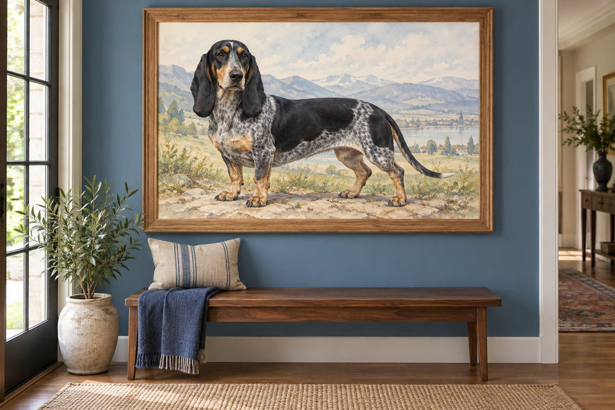 Schweizer Niederlaufhund als Wandbild im Stil Aquarell, Raum: blauer Flur