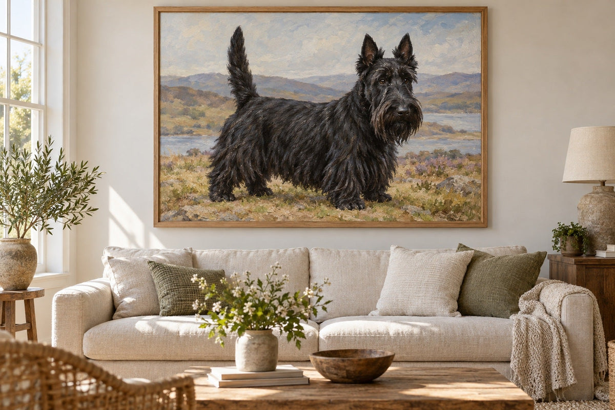 Scottish Terrier als Wandbild im Stil Ölgemälde, Raum: cremefarbenes Wohnzimmer