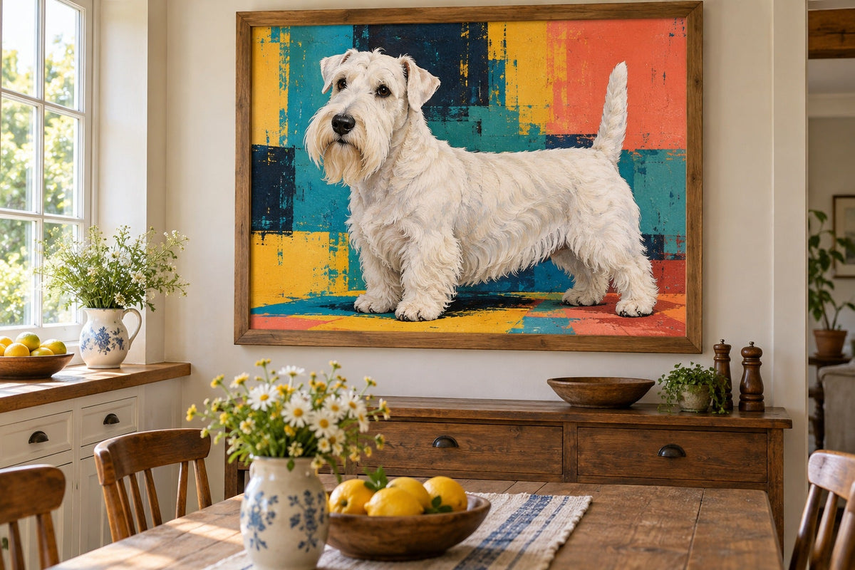 Sealyham Terrier als Wandbild im Stil Pop-Art, Raum: helle Landhausküche
