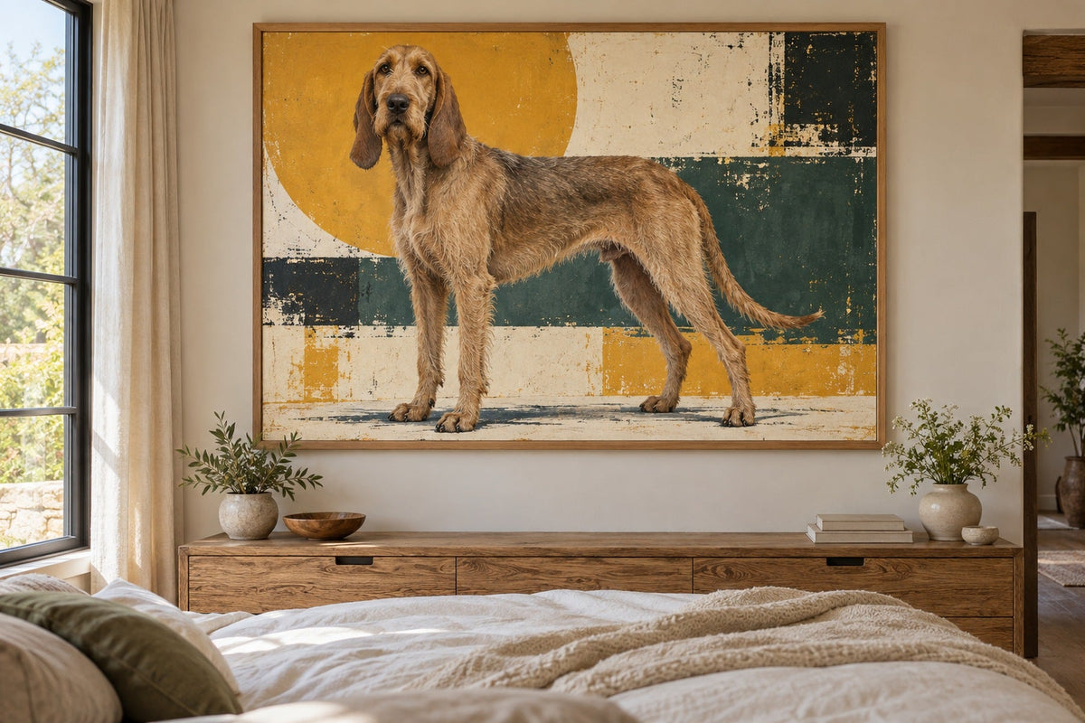 Segugio Italiano Drahthaar als Wandbild im Stil Pop-Art, Raum: sandfarbenes Schlafzimmer