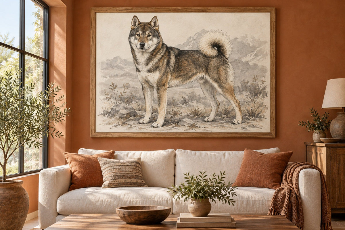 Shikoku als Wandbild im Stil Kohle-Sketch, Raum: terrakottafarbenes Wohnzimmer