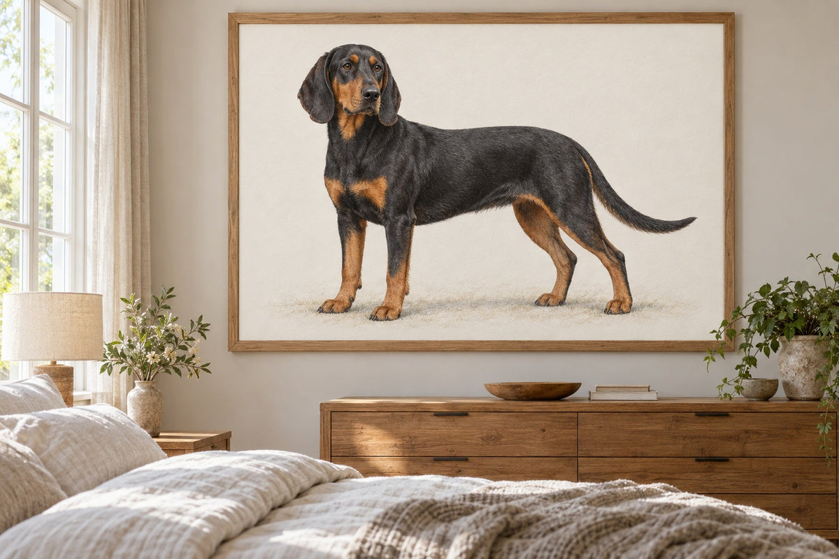 Slowakischer Laufhund als Wandbild im Stil Minimal, feine Farbzeichnung, Raum: sandfarbenes Schlafzimmer